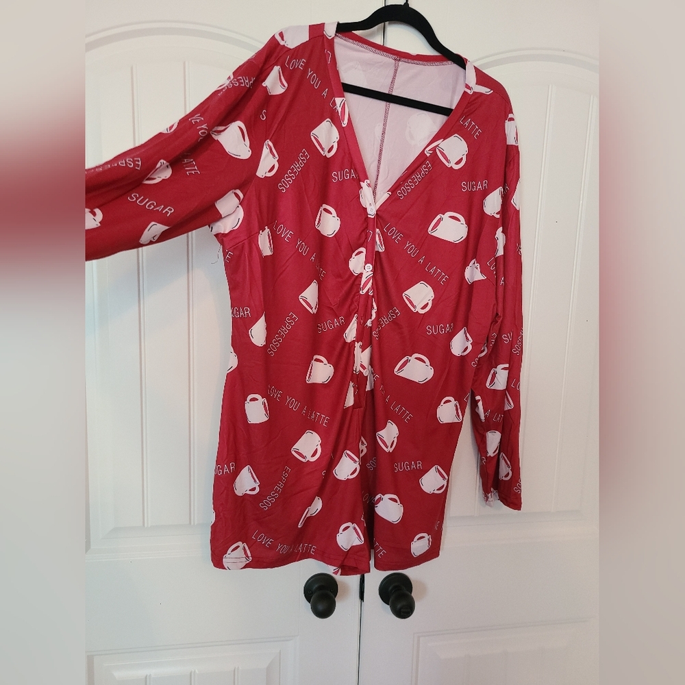 Red Coffee Print Long Sleeve Pajama Romper